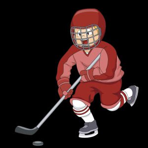 Cartoon avatar of ice hockey player in light and dark red uniform. Player smiling with stick and puck