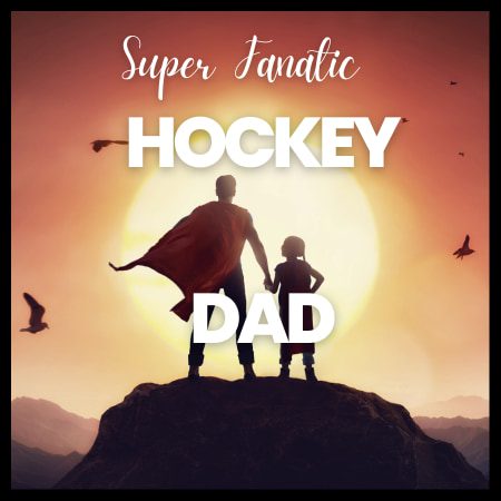 Picture of Super Fanatic Hockey Dad with cape holding hand of his son looking over a moutain at the sunrise