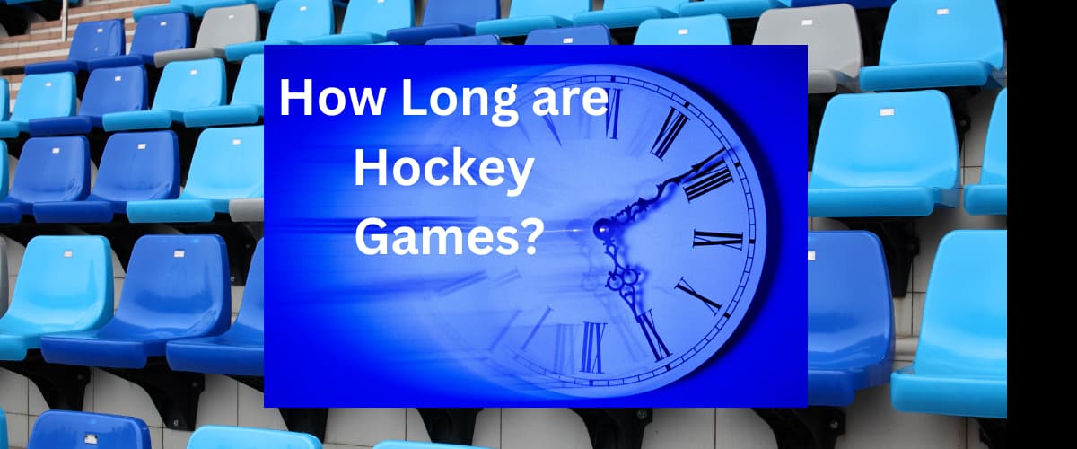 Test: How Long are Hockey Games? with blue background, clock and stadium seating