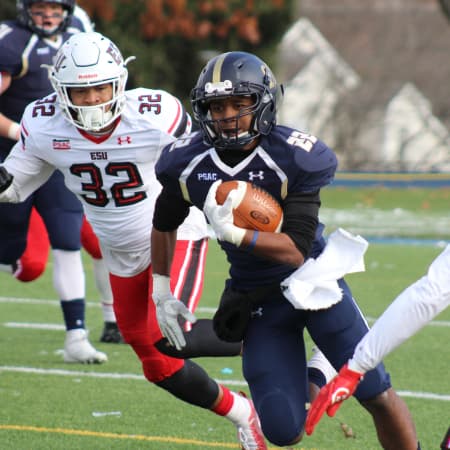 Picture of 2 football players running down field 