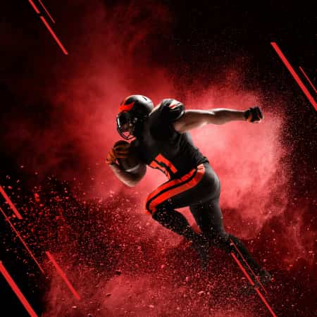 Red and black background with football player running 