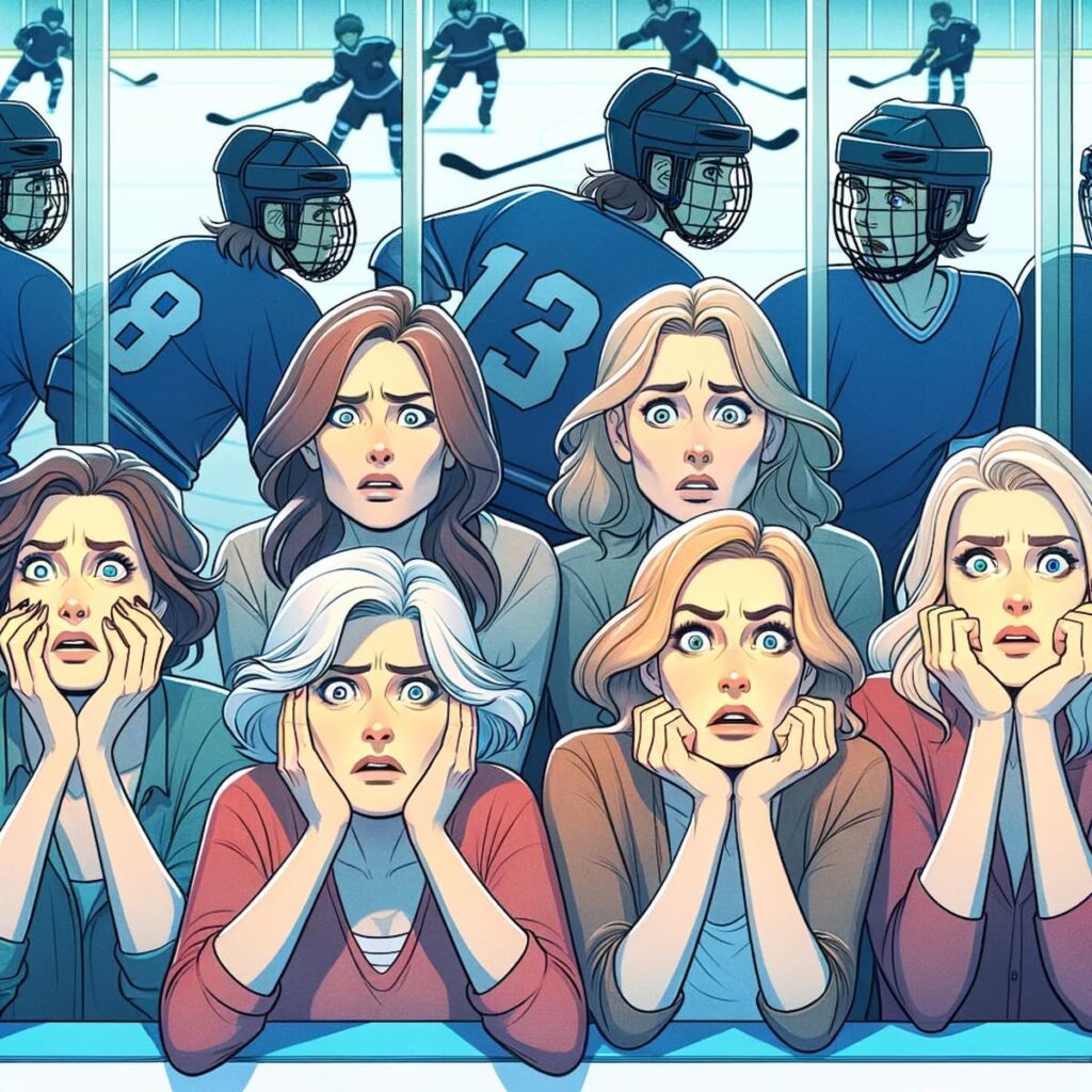 illustration of worried ice hockey Moms watching their children play