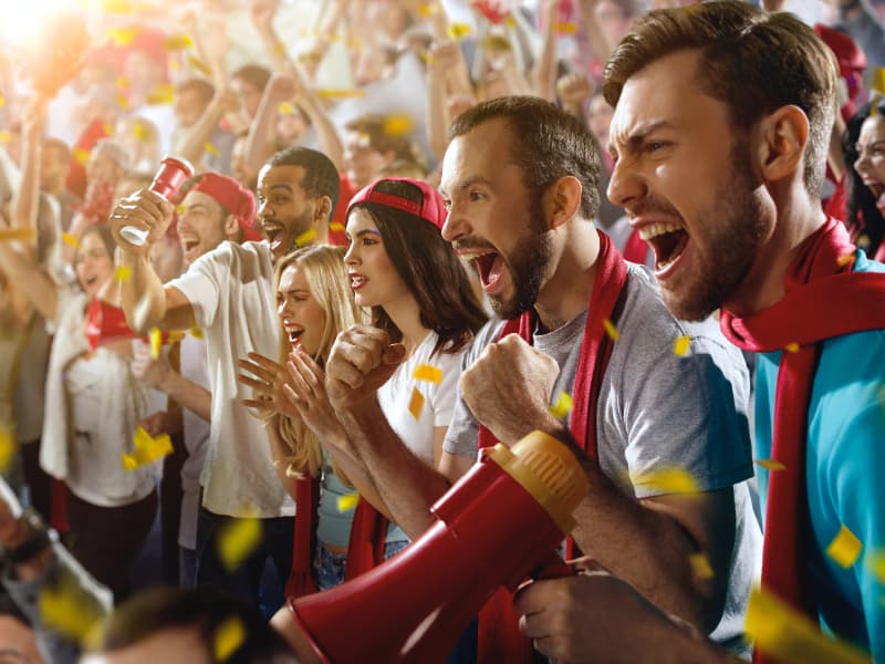 Adults cheering at a hockey game