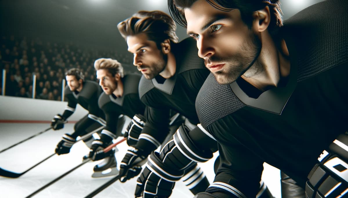 picture of four teenagers in ice hockey gear dressed in black