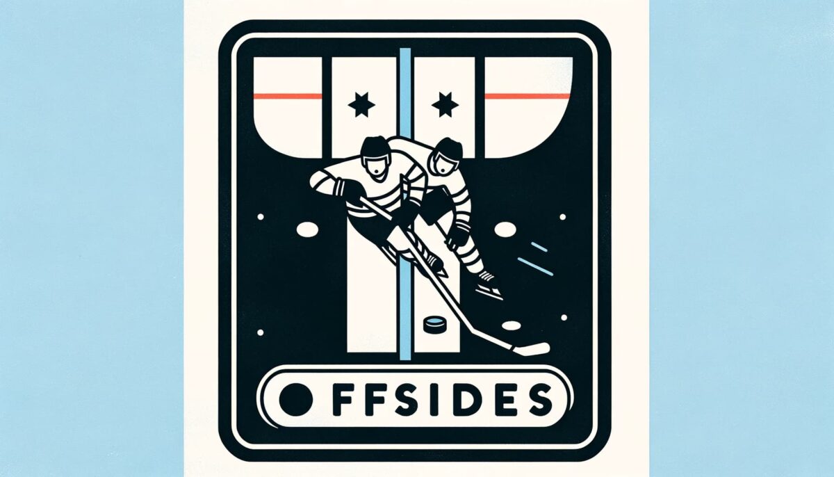 illustration of an ice hockey offsides scenario labeled clearly in English. It features an attacking player with the puck just over the blue l