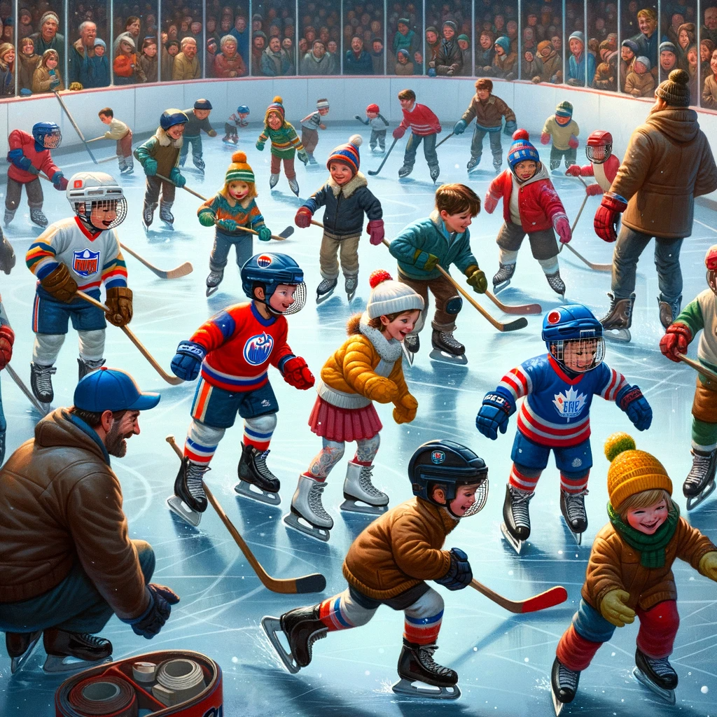 DALL%C2%B7E 2023 12 02 15.54.59 A lively scene of children learning to skate on an ice rink each adorned in colorful hockey gear. A coach is present offering guidance and support.