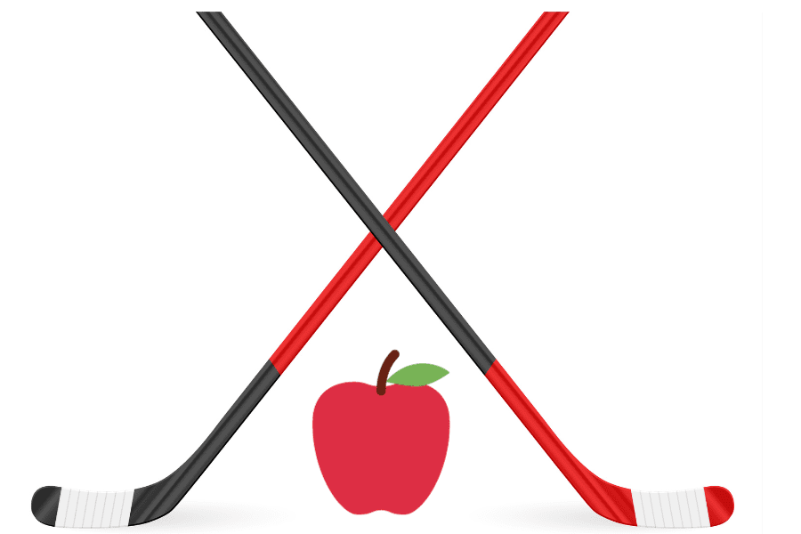 one black and one red stick and an apple