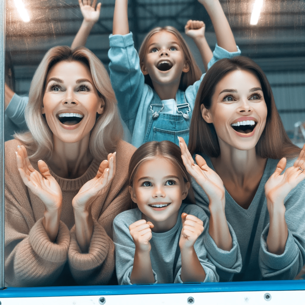 Two hockey moms cheering with two young girls at hockey game 