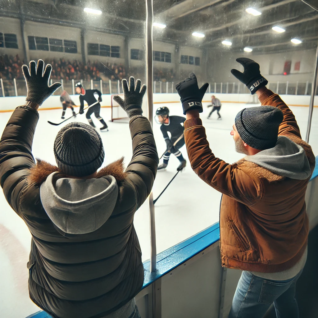 DALL·E 2024 09 24 20.20.59 Two dads at the glass of a hockey rink animatedly rolling their arms in a circular motion to signal wheels to their kids on the ice. The dads are b