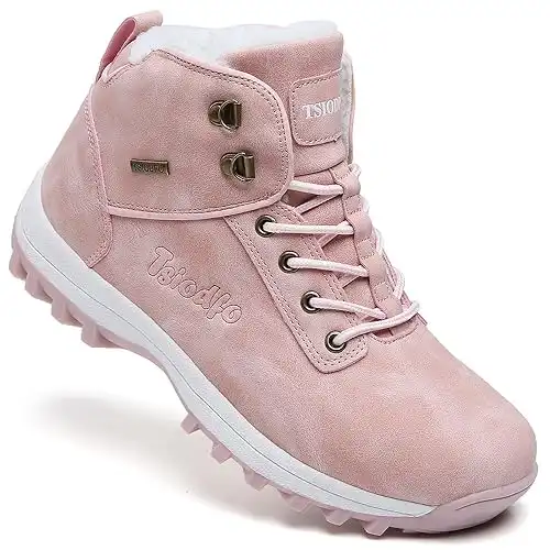 Women Boots Winter Waterproof Outdoor Hiking Shoes Leather Sweet Pink