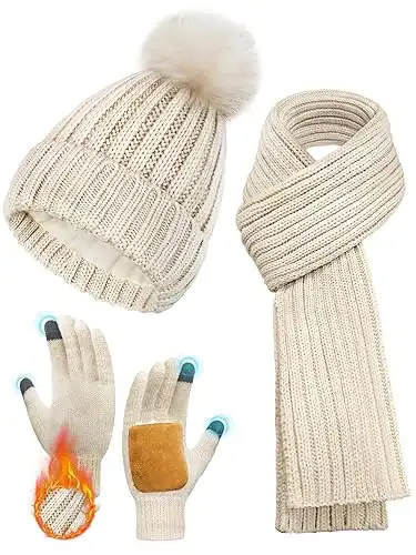 Winter Hat Scarf Glove Set for Women, Thermal Beanie with Pom Pom, Thickened Knit Scarf, Touchscreen Non-Slip Gloves