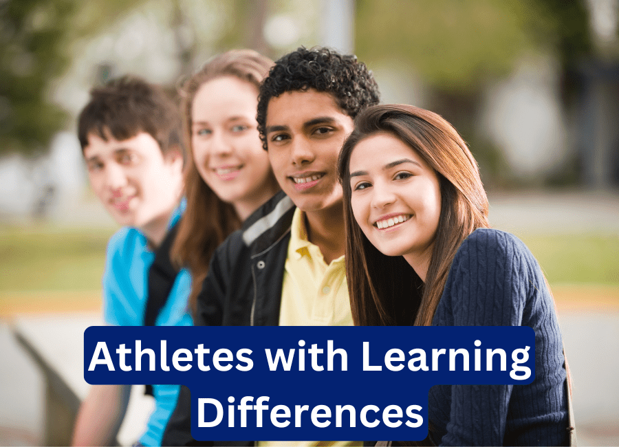 4 teens smiling on a bench. text states Athletes with Learning Differences