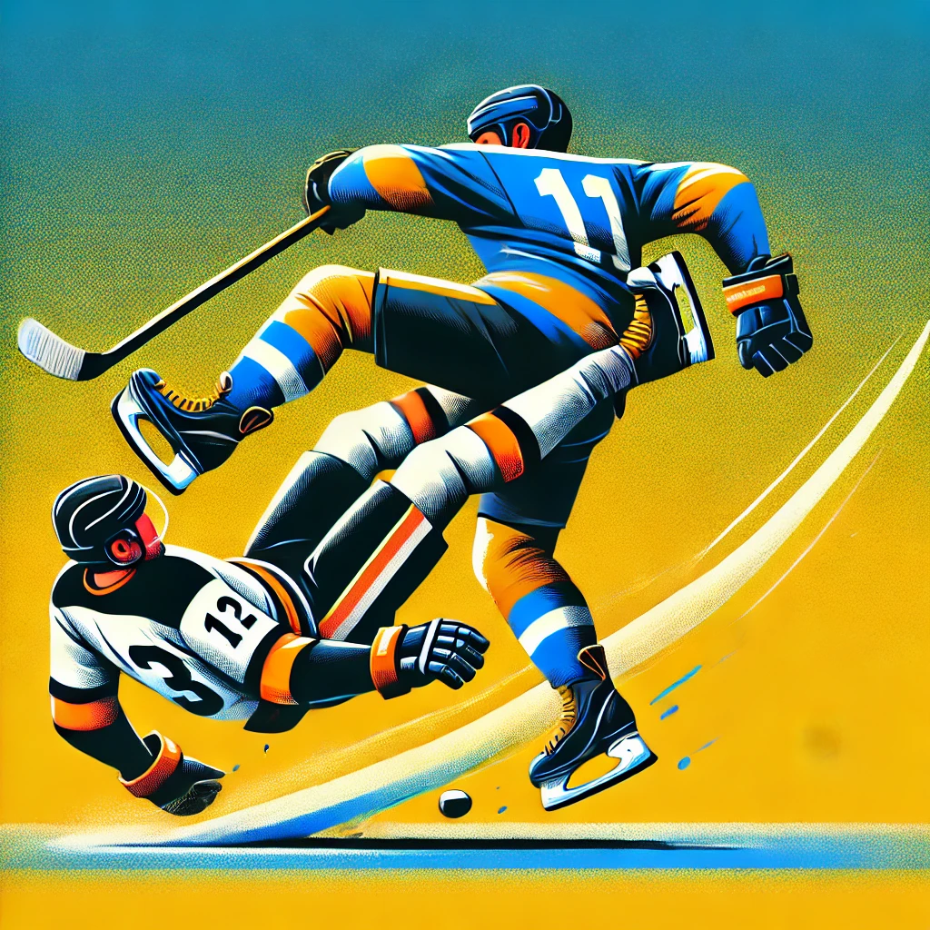 Hockey player falling backwards as opposing player sweeps foot underneath him