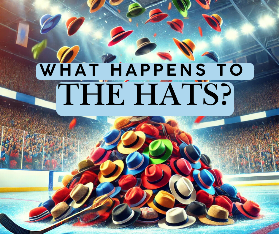 Pile of hats on ice with text: What Happens to the Hats After a Hat Trick?