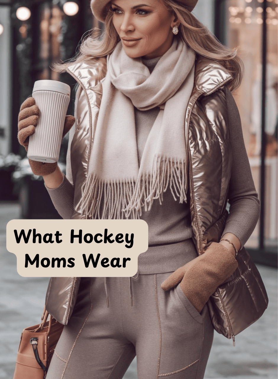 women in fashionable taupe leisure outfit and gold vest with caption: "What Hockey Moms Wear"