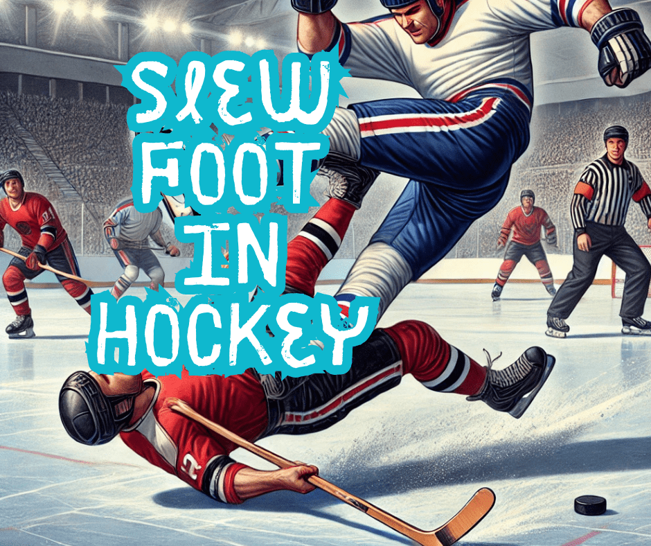 Hockey player falling to ice after Slew Foot penalty made. Text states: "Slew Foot in Hockey"