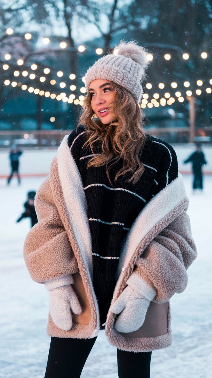 woman with soft white hat and pompom, balck with white stripes sweater and taupe serpa coat, soft white mittens standing in front of ice hockey practice