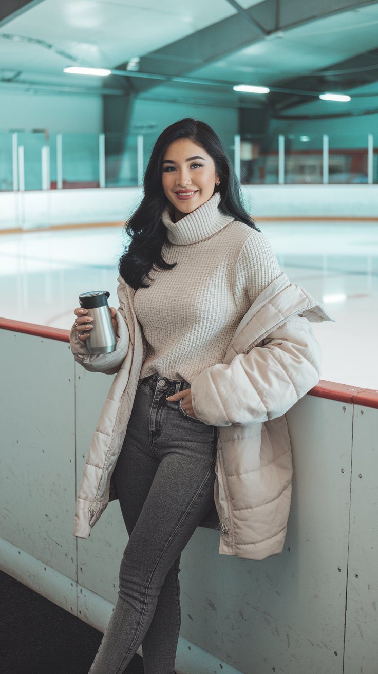 Ice Hockey Mom wearing taupe mid-length puffer jacket, off white turtleneck sweater and grey jeans leaning against hockey boards